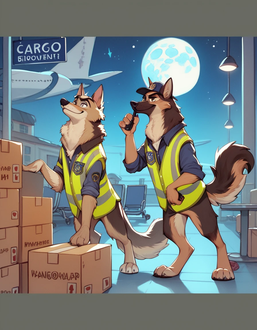 score_9, score_8_up, score_7_up, score_6_up, two adult very long haired anthro furry German shepherds wearing  safety vests sniffling boxes in the airport cargo hall, Disney art style, Zootopia style, balto character style, Night time, full moon, long body fur