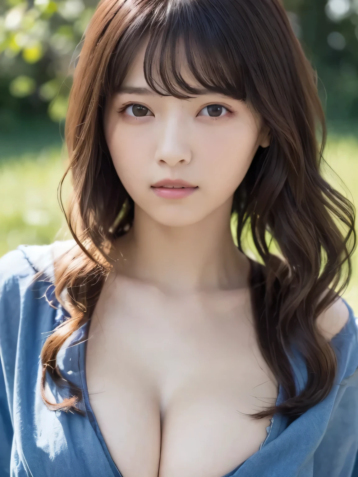   Masterpiece 、 top quality,  super high resolution、8k，  Photos 、 1 girl, ( Big Breasts :1.3), deep cleavage、  bright ,  blurry background, ( asymmetrical bang 、Super Long Wavy Hair :1.5), （A loose open-necked blouse）、Round face、Young Face、Natural Cosmetics 、 sad、grassland、Spring Sky、Gentle sunlight
