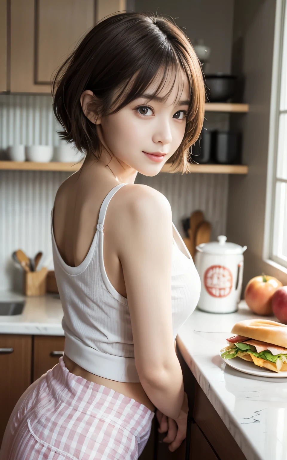 Cute 21 years old Japan、kitchin、cuisine、Tank Tops、Super Detail Face、Eye of Detail、double eyelid、beautiful thin nose、sharp focus:1.2、prety woman:1.4、(light brown hair,Shortcut Hair, ),fair white skin、top-quality、masterpiece、超A high resolution、(Photorealsitic:1.4)、Breakfast、sandwich、