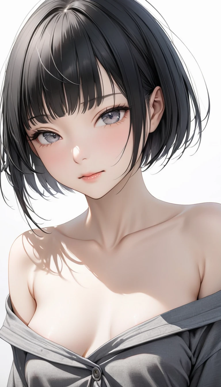 Masterpiece,best quality,solo, 1 beautiful Japanese girl,17 years old,(sparkling black eyes,slant eyes),(pale skin),(black hair,blunt bangs, bob cut:1.5),(big breasts:1.2),
