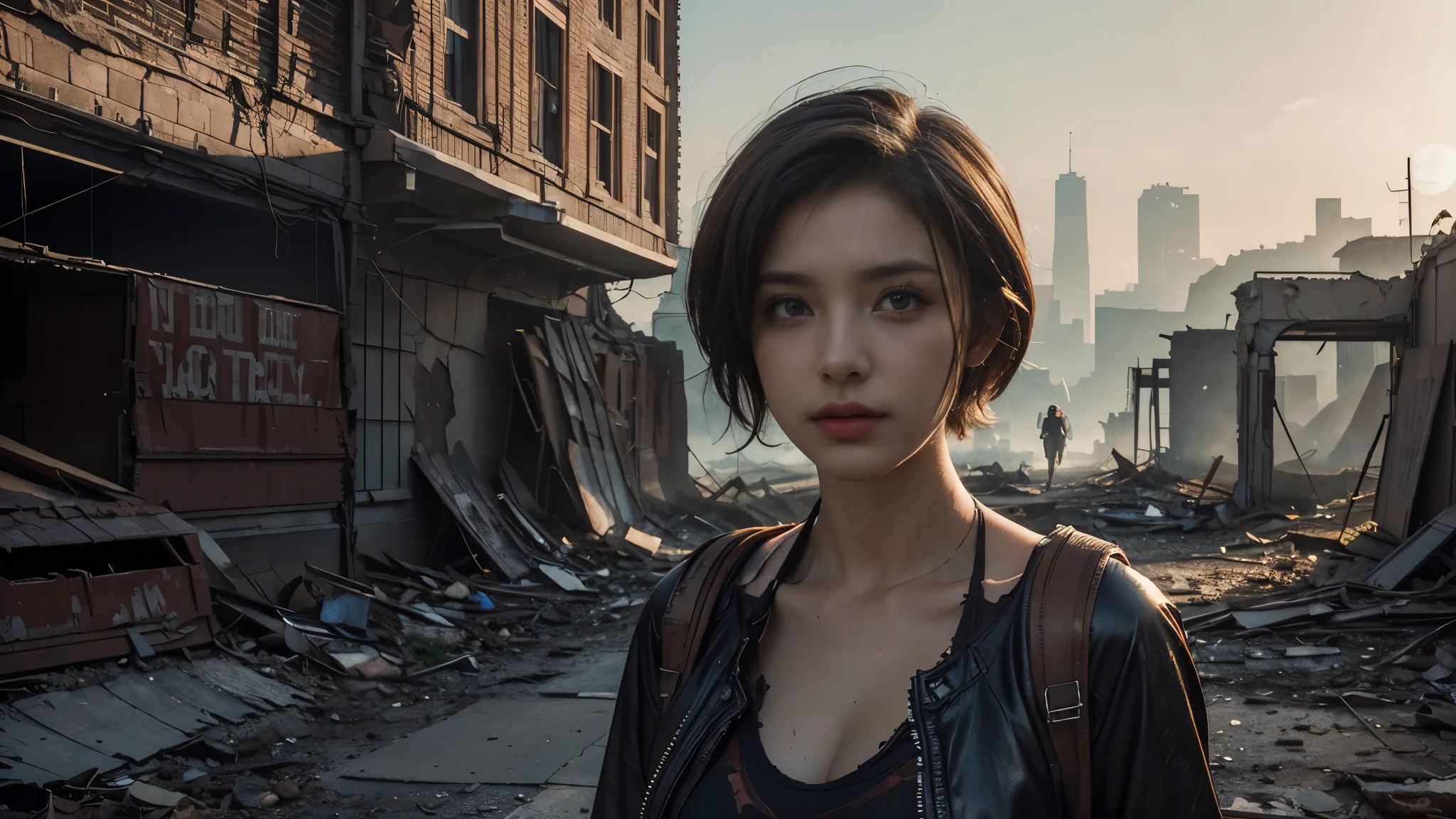 masterpiece, high resolution,8K,(Portrait Photos:1.5),(R Original Photo),Reality,Digital Photography,(Apocalyptic ruins ),City ruins，beautiful 20 year old woman，Short hair，sentry， post-apocalyptic scene， upper body photography ， open clothes 