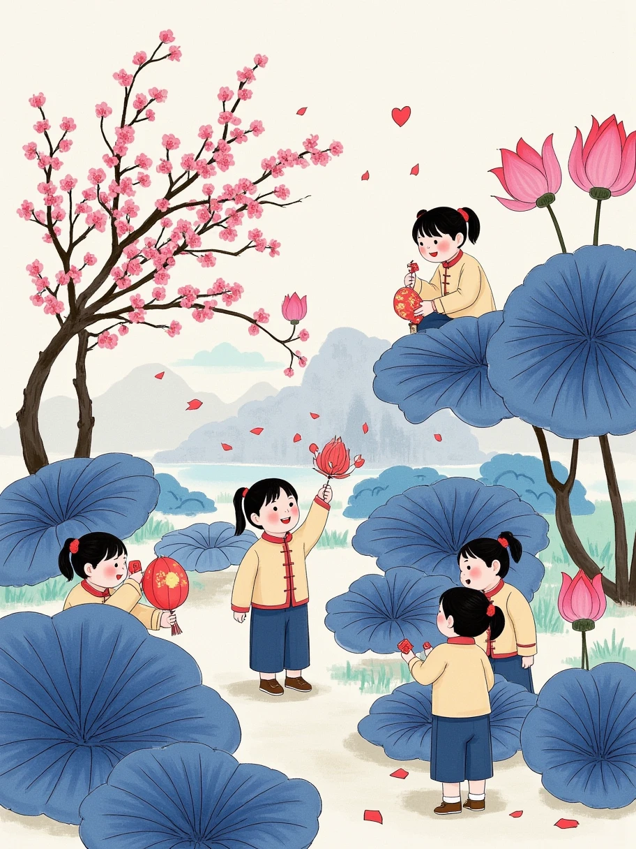  new Chinese simplicity 插画， ink painting art ，huge lotus leaf ， painting white short-sleeved dress with small center short haired girl， indigo and white main color ， minimalism ，Capitalization，White Space，cure，Zen，artistic conception， translucent luminescence ，Gradient， pink thread decorative molding ，Beautiful rhythm ， new Chinese simplicity 