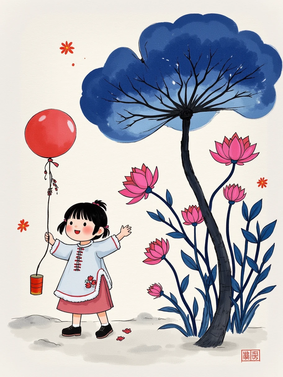 (tmasterpiece,best qualtiy:1.2),Tradition Chinese Ink Painting,child,(Lots of white space,The position of the little one is in the lower right corner)