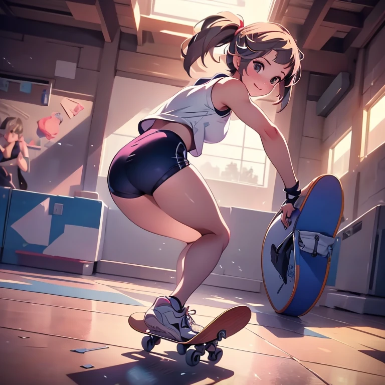 Anna of Arendelle,a beautiful young woman in a wearing Black gymnastics bloomers, High leg、 sneakers, modest, skateboard, kickflip, low angle, cool scene, photorealistic, illustration, anime, highly detailed, 8k, masterpiece, cinematic lighting, vibrant colors, dynamic composition