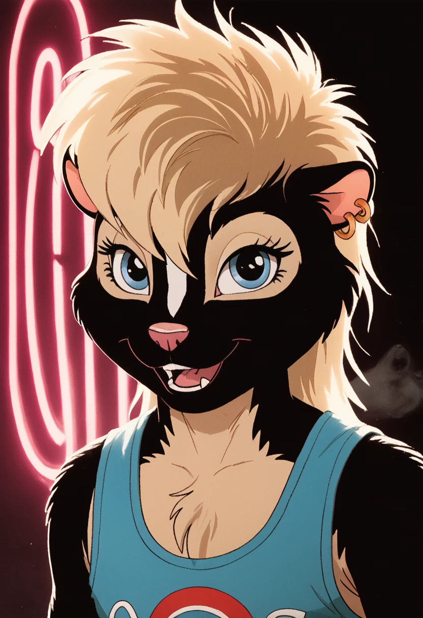 score_9, score_8_up, score_7_up, 80s-babes, (cinematic) lighting, closeup, steam, fog, smoke, male skunk, furry, white puffy hair 80s hair, puffy hair, big hair,  tank top shirt, geometric print shirt, neon shirt, (dark), ((neon light)), (pink light), (blue light), sidelight, backlight, blonde hair, film grain polaroid, legacy media , high contrast, earrings, 80s makeup 