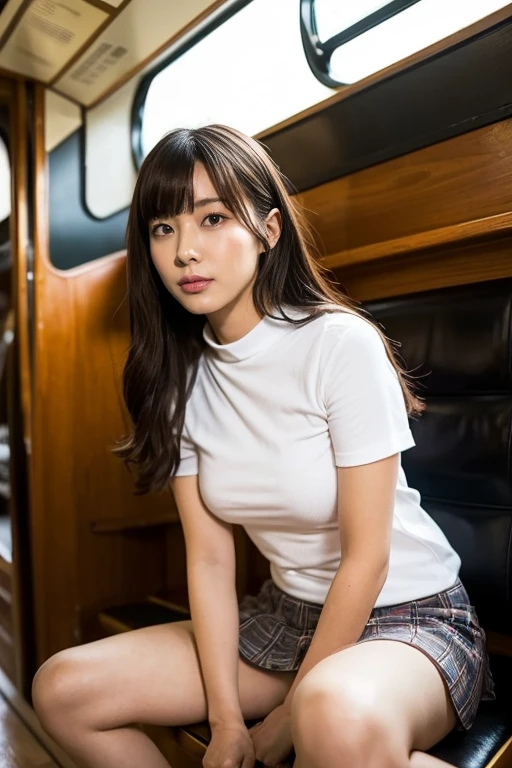 highest quality、masterpiece、high school girl、Panties－shot、She is sitting on a train seat with her legs spread wide、((Front view from below))、Plump and large breasts、Medium Bob Hair、White shirt、Pleated skirt、Staring at the audience、Red face、白いPantiesー、Get on one knee