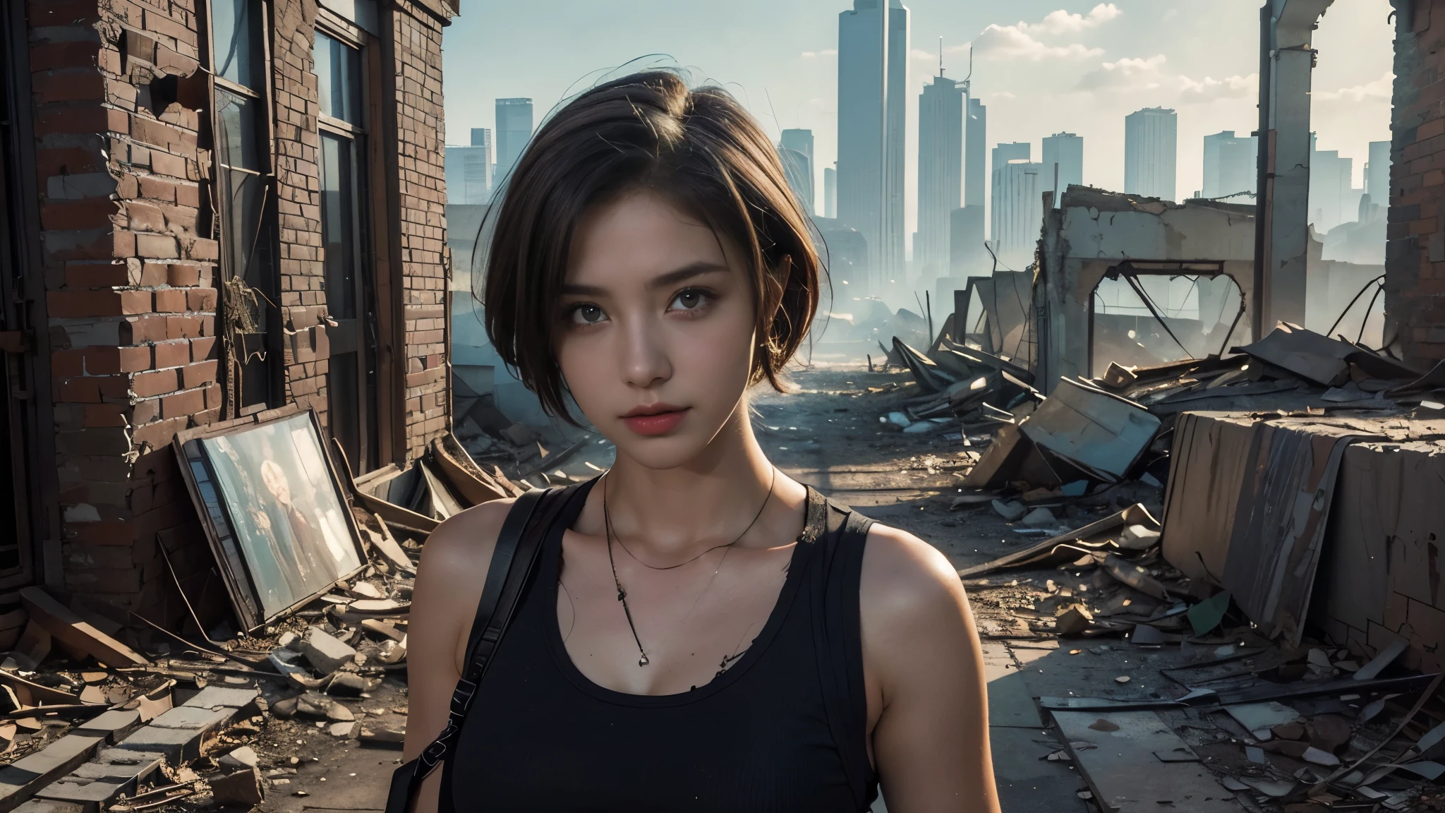 masterpiece, high resolution,8K,(Portrait Photos:1.5),(R Original Photo),Reality,Digital Photography,(Apocalyptic ruins ),City ruins，beautiful 20 year old woman，Short hair，sentry， post-apocalyptic scene， upper body photography ， open clothes 