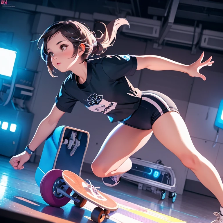  beautiful young woman in a Black gymnastics bloomers, High leg、 sneakers, modest, skateboard, kickflip, low angle, cool scene, photorealistic, illustration, anime, highly detailed, 8k, masterpiece, cinematic lighting, vibrant colors, dynamic composition