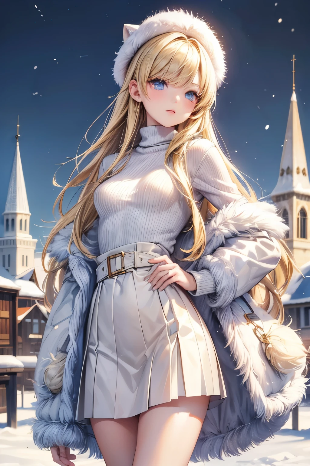 masterpiece, top quality, very detailed ,photo realistic , realistic ,  ultra high resolution ,  Masterpiece, pretty girl, ager, smaller breasts, Thin Waist ,long straight hair,Blonde, perfect eyes, Very Cute ,slender, sweater , skirt,( fur coat ), muffler , yarn hat,Outdoor,Snow Town,Snow