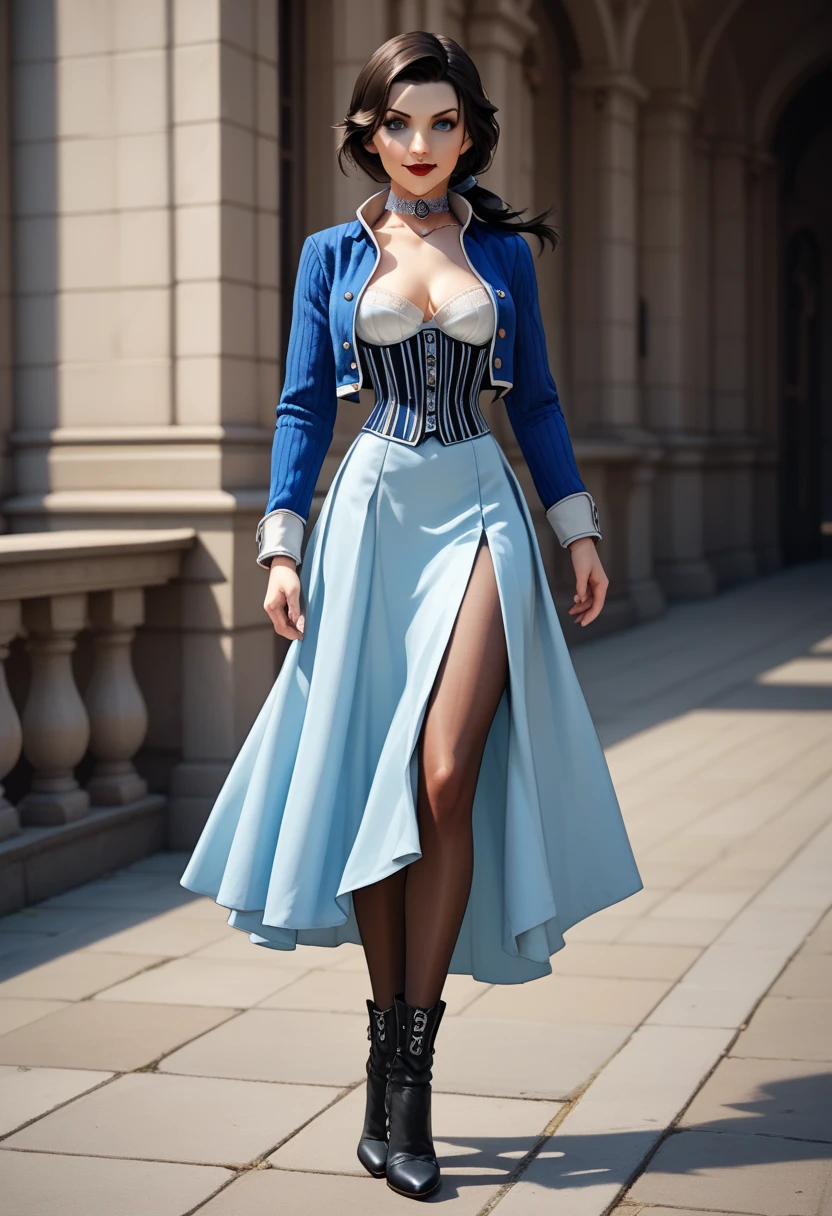 1woman, solo; Elizabeth Comstock from "Bioshock Infinite"; long loose hair gathered in a low ponytail, dark hair, pale skin, blue eyes, red lips, light smile, ultra-detailed face, detailed eyes; ribbed white corset with open top, (fitted blue bolero jacket:1.27), silver detailing on jacket, (cameo choker necklace), (long blue a-line skirt with high slits:1.27), black detailing on skirt, (opaque pantyhose), {{calf-high black boots with low heels}}; wielding hand cannon revolver, contrapposto stance, ((modeling poses)), (cowboy shot:1.27); 8k, 16k, high resolution, highres