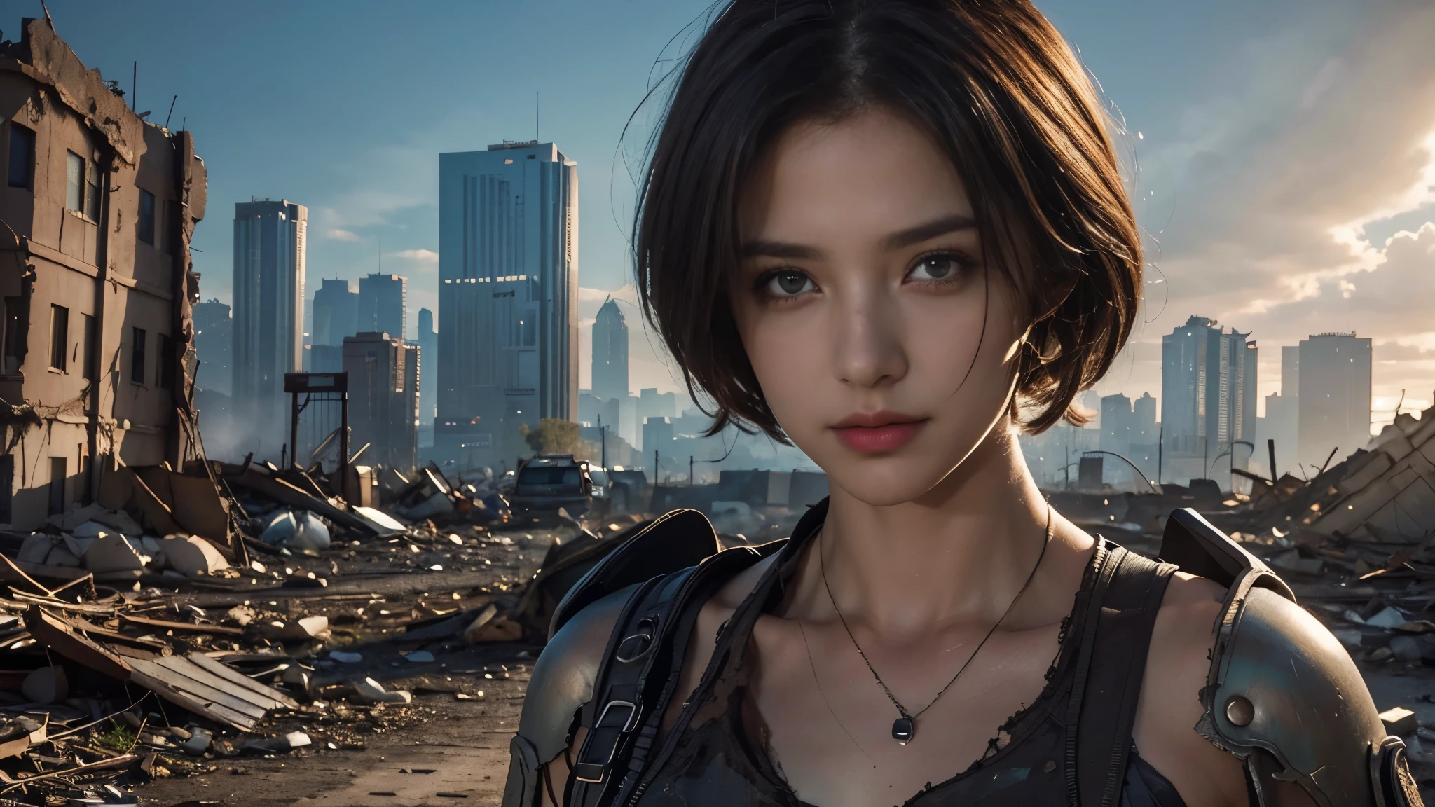 masterpiece, high resolution,8K,(Portrait Photos:1.5),(R Original Photo),Reality,Digital Photography,(Apocalyptic ruins ),City ruins，beautiful 20 year old woman，Short hair，sentry， post-apocalyptic scene， upper body photography ， open clothes 