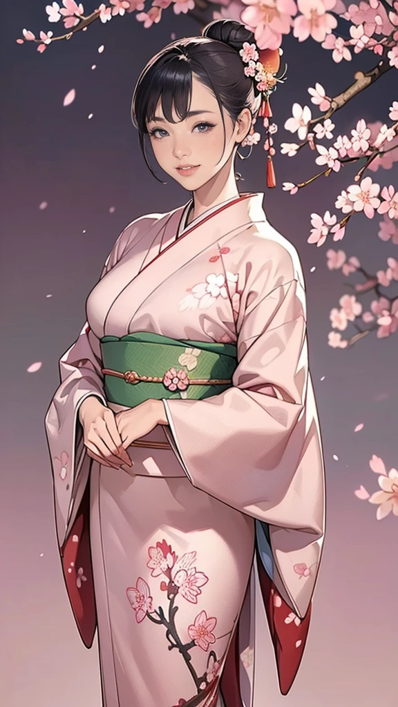 (masterpiece),(Highest quality),(Very detailed),(High resolution),8K,wallpaper,One Woman,A woman is standing,Elegant,Kimono photo shoot,(((whole body))),(hair bun),smile,(Beautiful Japanese patterned furisode),(((The background is a cherry blossom pattern.))),((kimono))