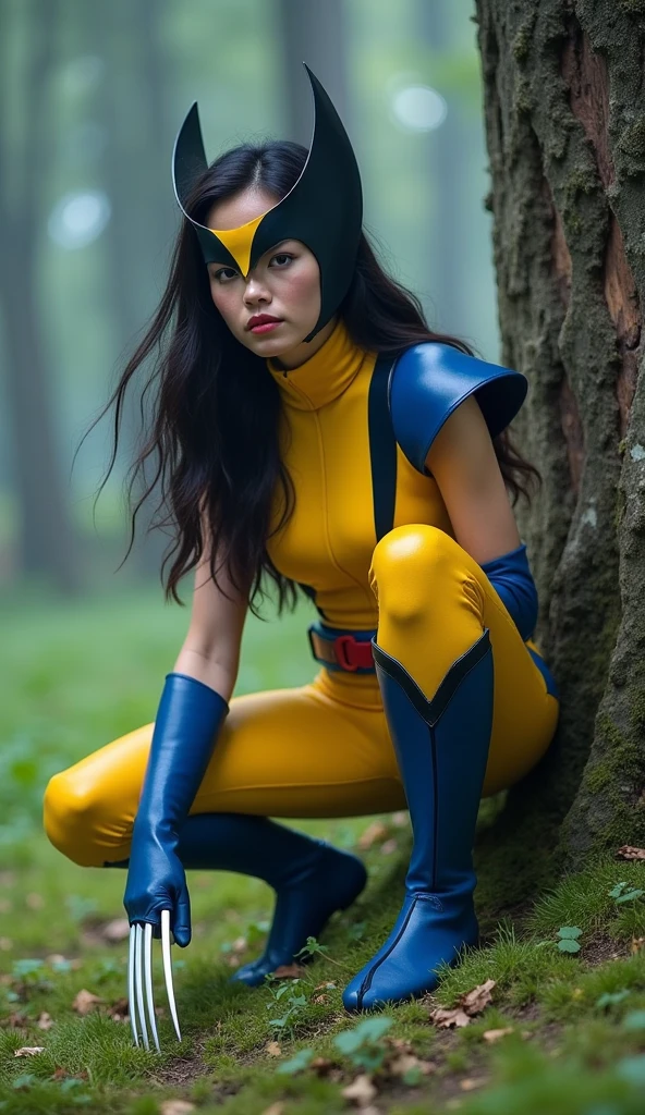 beautiful eyes, woman, red power ranger, dark, holding out a gloved hand to the camera, palm of hand, crouching, female, cowhide gloves, yellow power ranger body suit hiper realistic egito