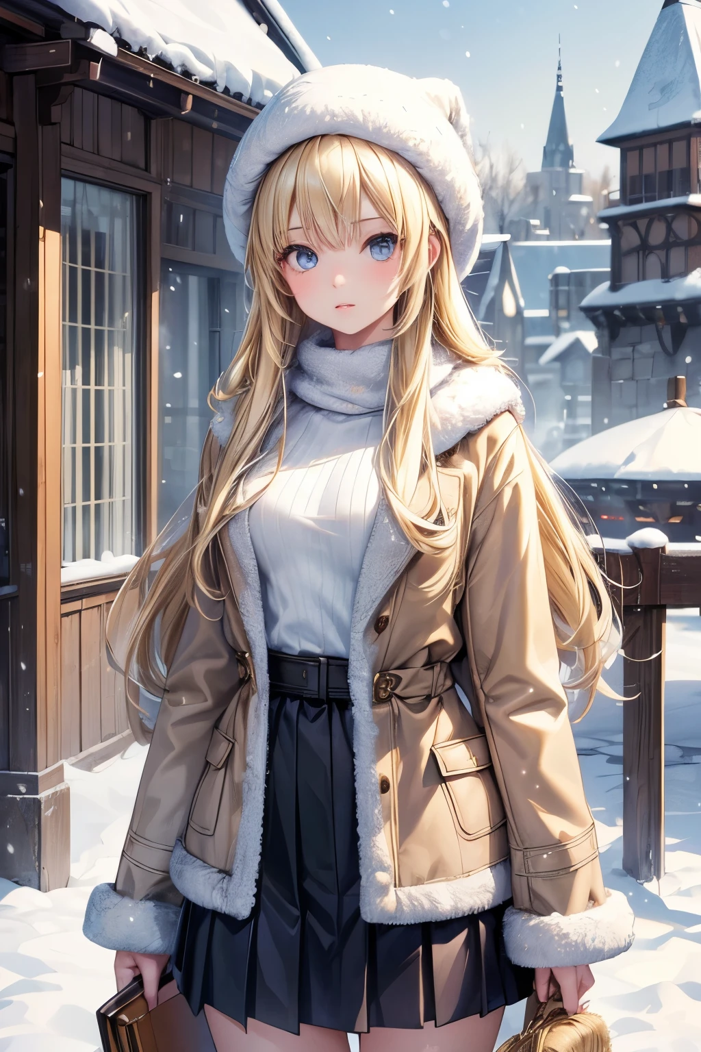masterpiece, top quality, very detailed ,photo realistic , realistic , ultra high resolution , Masterpiece, pretty girl, ager, smaller breasts, Thin Waist ,long straight hair,Blonde, perfect eyes, Very Cute ,slender, sweater , skirt,( fur coat ), muffler , yarn hat,Outdoor,Snow Town,Snow
