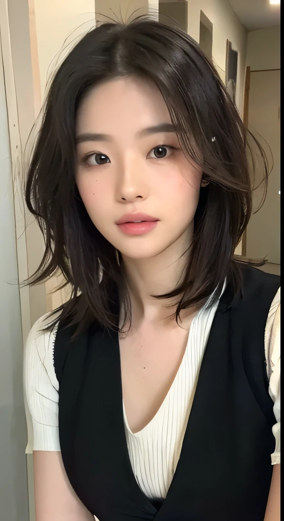((night view、realistic light、Top image quality、8K、​Masterpiece:1.3))、1 girl in、slim and beautiful figure:1.4、(brown hair、Medium chest:1.3)、off-the-shoulder cropped top:1.3、sofa、Very rich facial details、Detailed eyes、double eyelids、Arav woman wearing black top and grey jacket, Photos of Ayami Kojima, Instagram, Neo-Dadaism, Kiko Mizuhara, short hair, chin length hair, Avatar profile picture, bob haircut, Black-haired Ishidaho, bob haircut, French bob hair, Dilireba, black bob hair