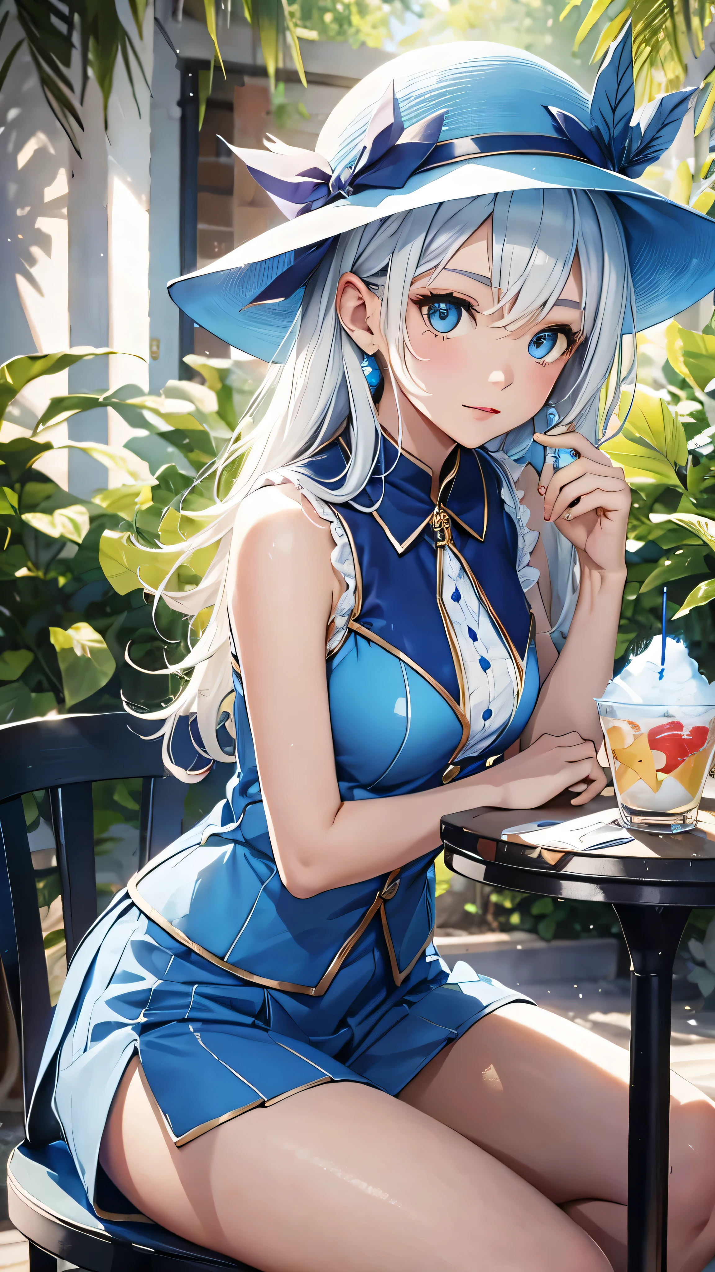 最high quality、Best image quality、masterpiece、With a girl((cute、15 years old、Best Bust、Medium Bust、Bust 85,Beautiful Blue Eyes、Spread your chest wide,Blonde lointail、Slender、The best valley、、Blue sleeveless shirt、White shorts,Show the whole body、Blue Mesh,Leaning forward greatly、Blue hat、Blue Intercom,Face Paint))high quality、Beautiful art、background((summertime、White table、White chair、shaved ice、)),Tabletop、Exquisite design、Visual Arts、Depth of written boundary、Best lighting、Highest detail、8k