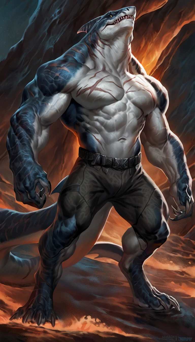 Muscular anthro shark, solo, monster, fighter, scars on body, 1male solo, small waist, thick shark tail, thick arms and legs, marked detailed jaws, open jaws, big pecs, pants, full body, comicbook style, best quality, 4k, ultra-detailed, by laobai, by taran fiddler, by honovy, by null-ghost, by thebigslick, underwater scenery, night, darkness