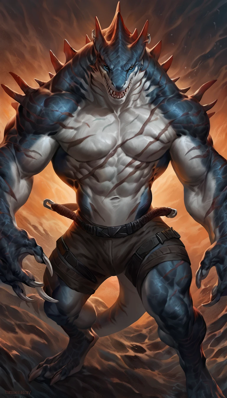 Muscular anthro shark, solo, monster, fighter, scars on body, 1male solo, small waist, thick shark tail, thick arms and legs, marked detailed jaws, open jaws, big pecs, pants, full body, comicbook style, best quality, 4k, ultra-detailed, by laobai, by taran fiddler, by honovy, by null-ghost, by thebigslick, underwater scenery, night, darkness