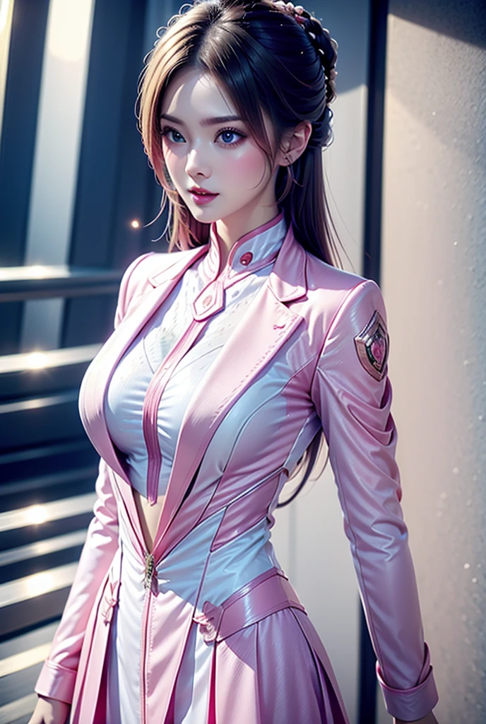 1girl,standing,upper body,white shirt and pink suit,pure beauty,