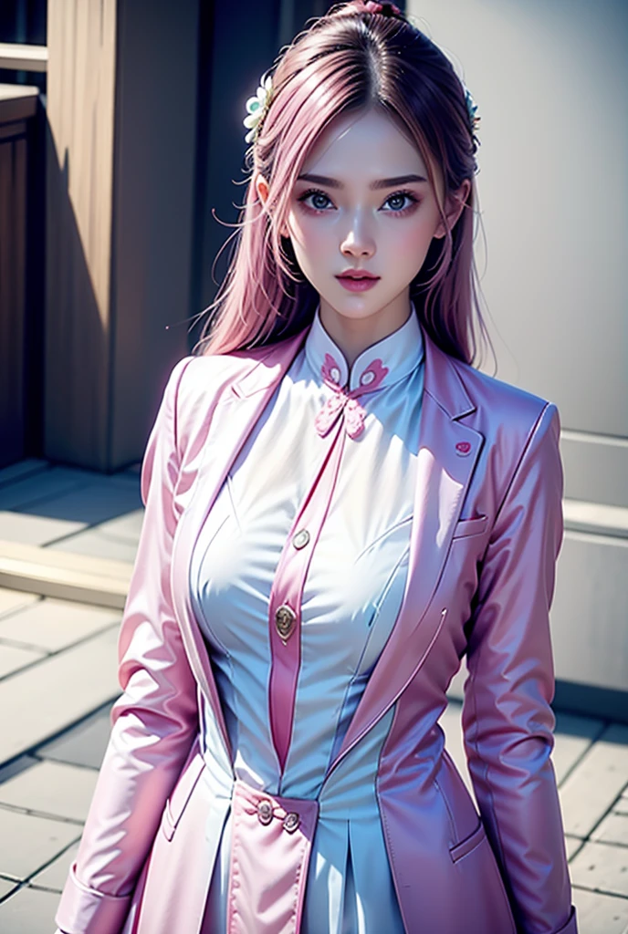 1girl,standing,upper body,white shirt and pink suit,pure beauty,