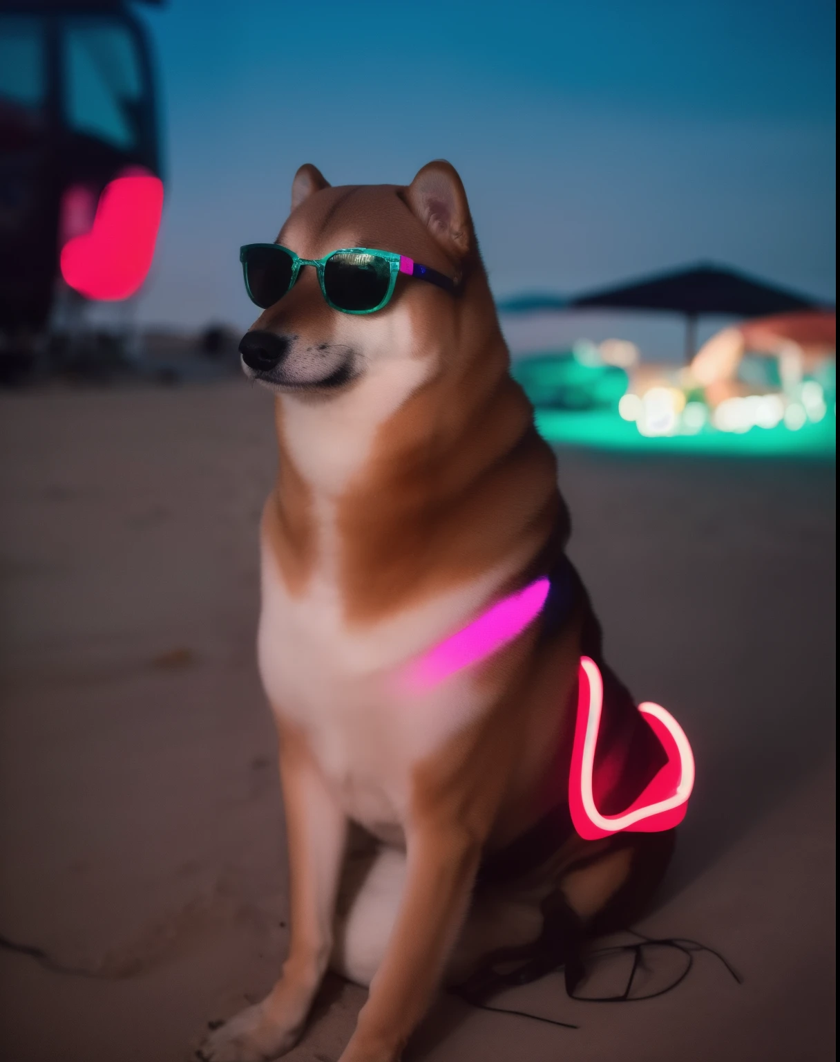 fine art portrait of Cheems at a private beach party with neon lights wearing sunglasses,  centered composition ,   Cinematic lighting  