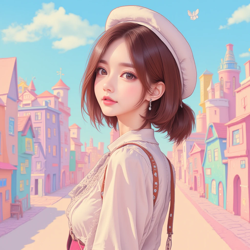 A whimsical illustration of an East-Asian woman in the foreground, shown in a half-body view, wearing a pop and cute fashion style, including a beret. The background features a vibrant, pastel-colored cityscape with charming, colorful buildings in an artistic and dreamy style. The overall atmosphere is light, airy, and enchanting, combining the playful and stylish look of the woman with the lively setting behind her.