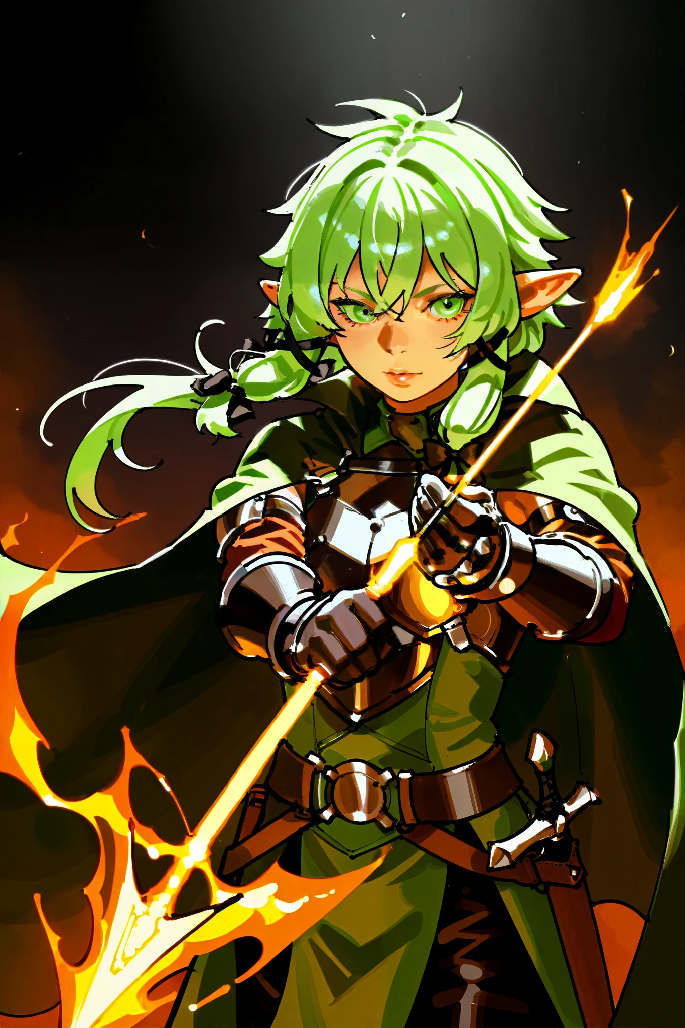 score_9, score_8_up, score_7_up, score_6_up, a Wood elf archer in a dark green cloak and leather armor, poised to shoot a flaming arrow, fierce and confident, with a hint of seduction, dark and moody background, dynamic action, realistic lighting, and a sensual and elegant demeanor