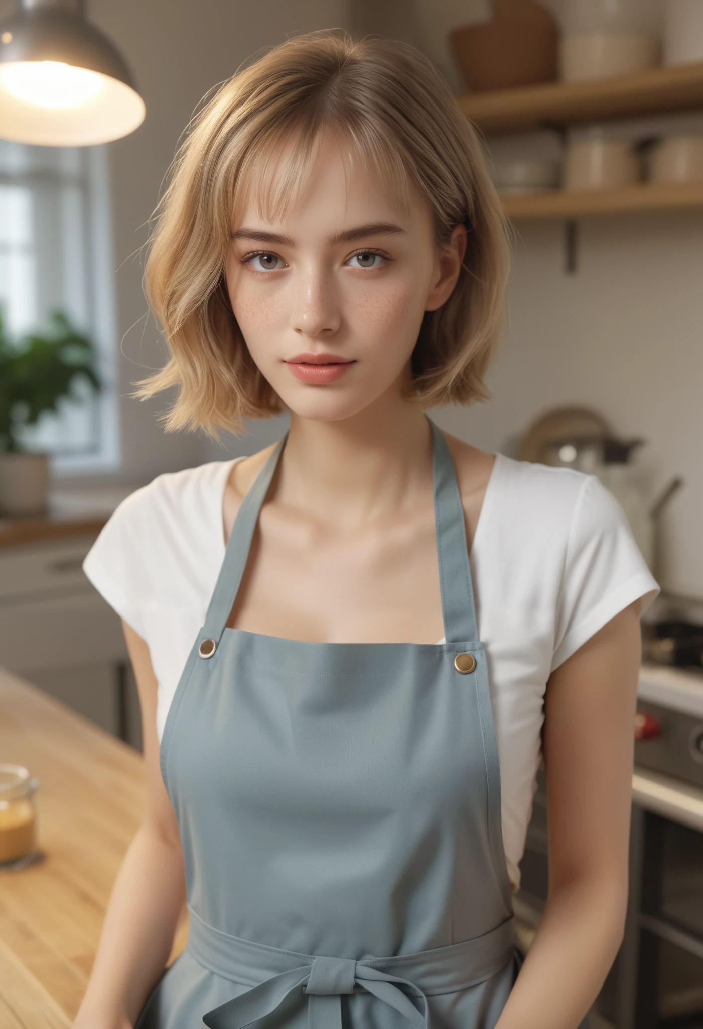 headshot of S347_LanFairbain,a stylish woman,in a (kitchen:1.1),wearing an (apron:1.1),(updo-hair),(4k, RAW photo, best quality, depth of field, ultra high res:1.1),(absurdres, intricate, photorealistic, masterpiece, ultra-detailed:1.1),