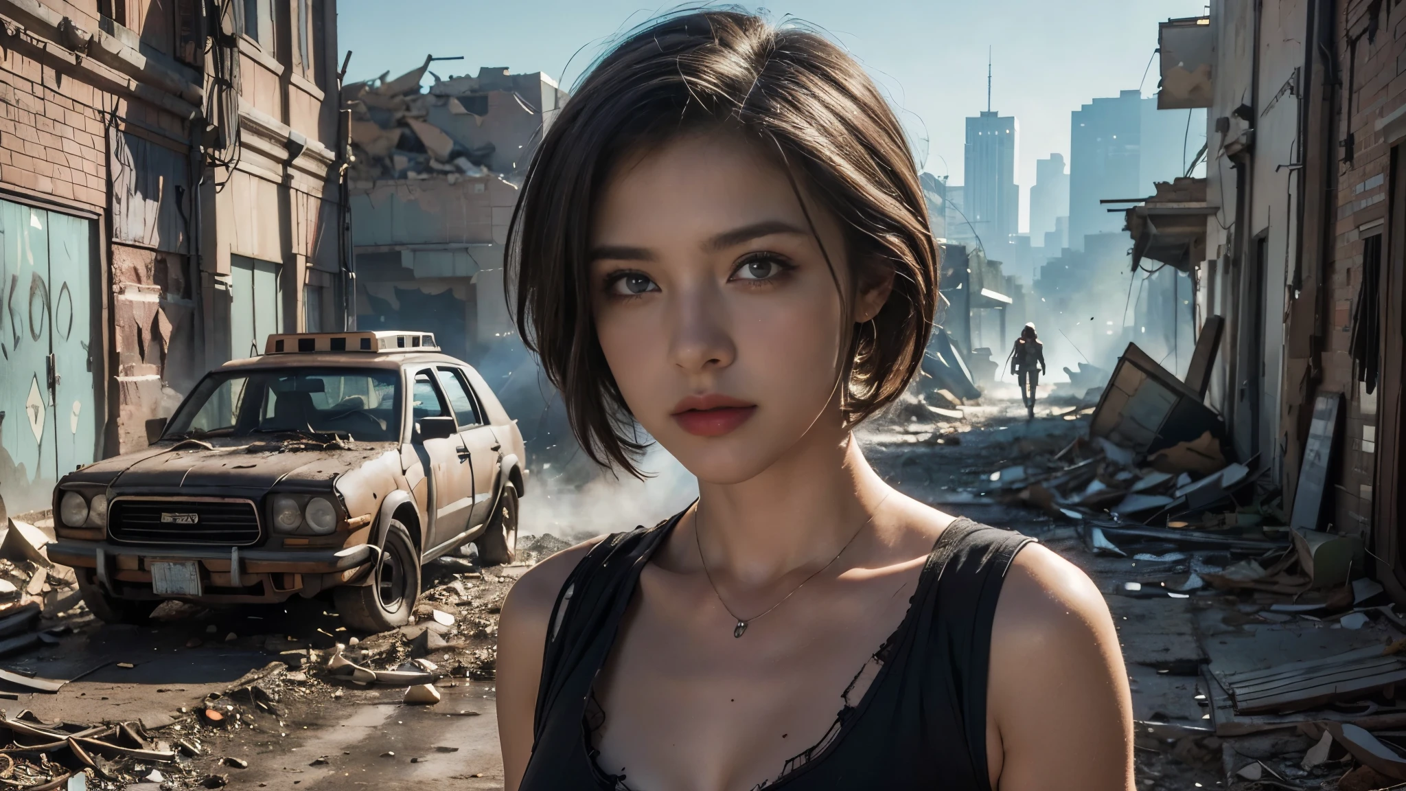 masterpiece, high resolution,8K,(Portrait Photos:1.5),(R Original Photo),Reality,Digital Photography,(Apocalyptic ruins ),City ruins，beautiful 20 year old woman，Short hair，sentry， post-apocalyptic scene， upper body photography ， open clothes 