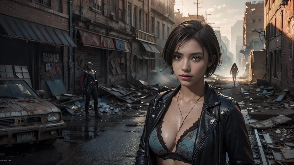 masterpiece, high resolution,8K,(Portrait Photos:1.5),(R Original Photo),Reality,Digital Photography,(Apocalyptic ruins ),City ruins，beautiful 20 year old woman，Short hair，sentry， post-apocalyptic scene， upper body photography ， open clothes 