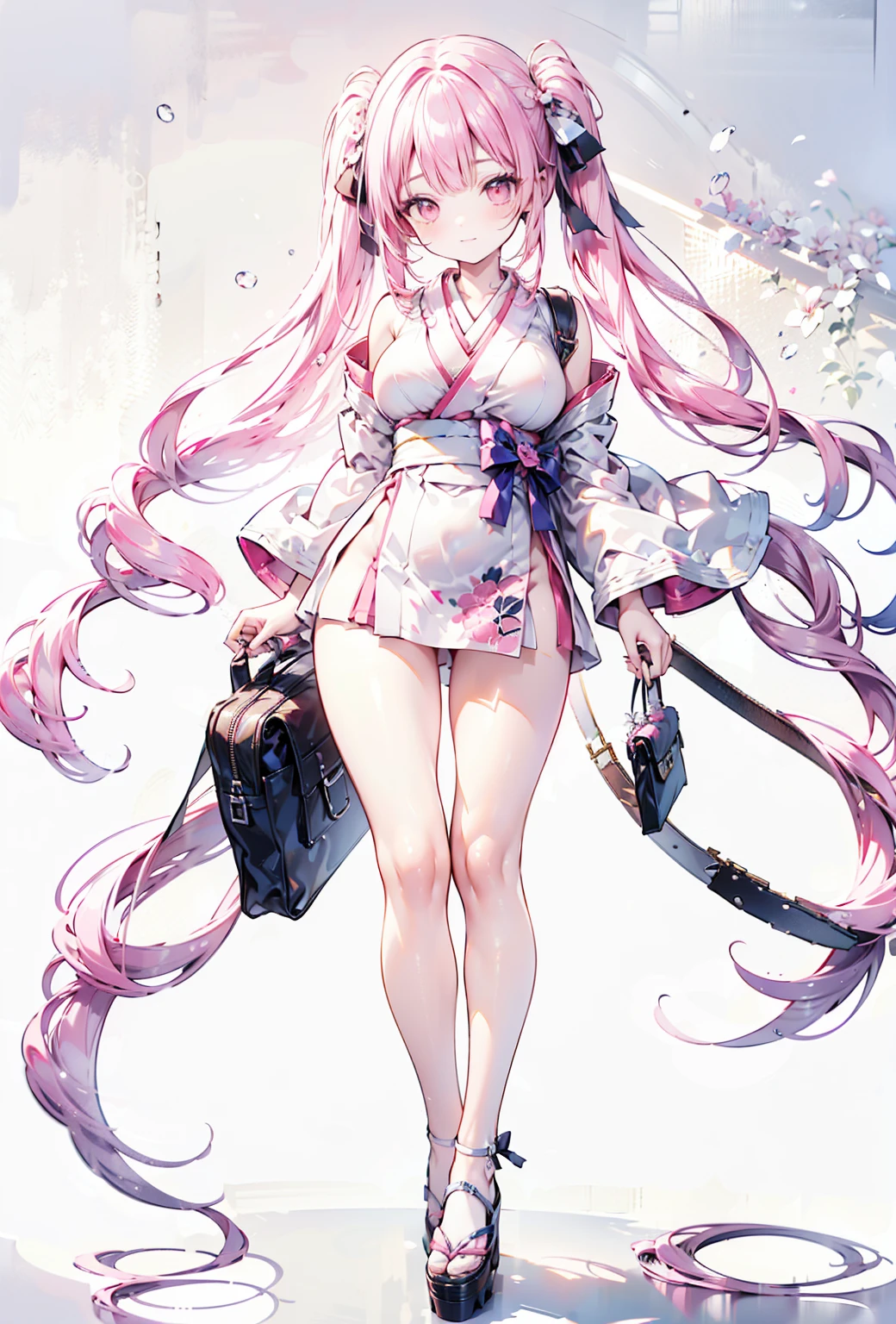   pink kimono　pink hair side hair long　 high heels　student bag
Shoulder bag　 plump thighs 　Around town　outside　
 Big Breasts , ribbon,  high definition , accurate,  High Definition Model,  High Details ,  High Quality ,  textured skin,  Ultra High Definition,  retina,   kimono
And  