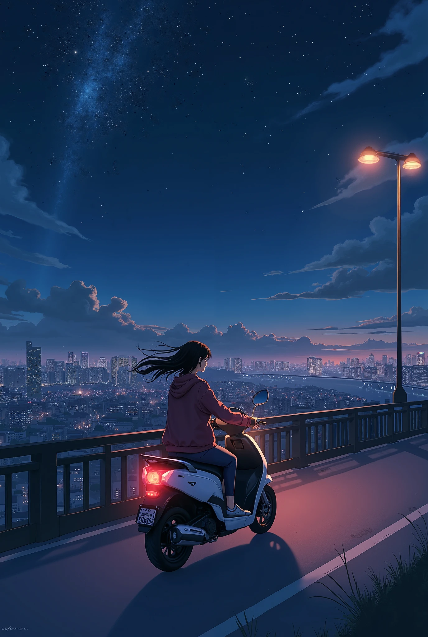 Cute girl riding a motorcycle on an overpass at night、 Beautiful Starry Sky、Beautiful night view、