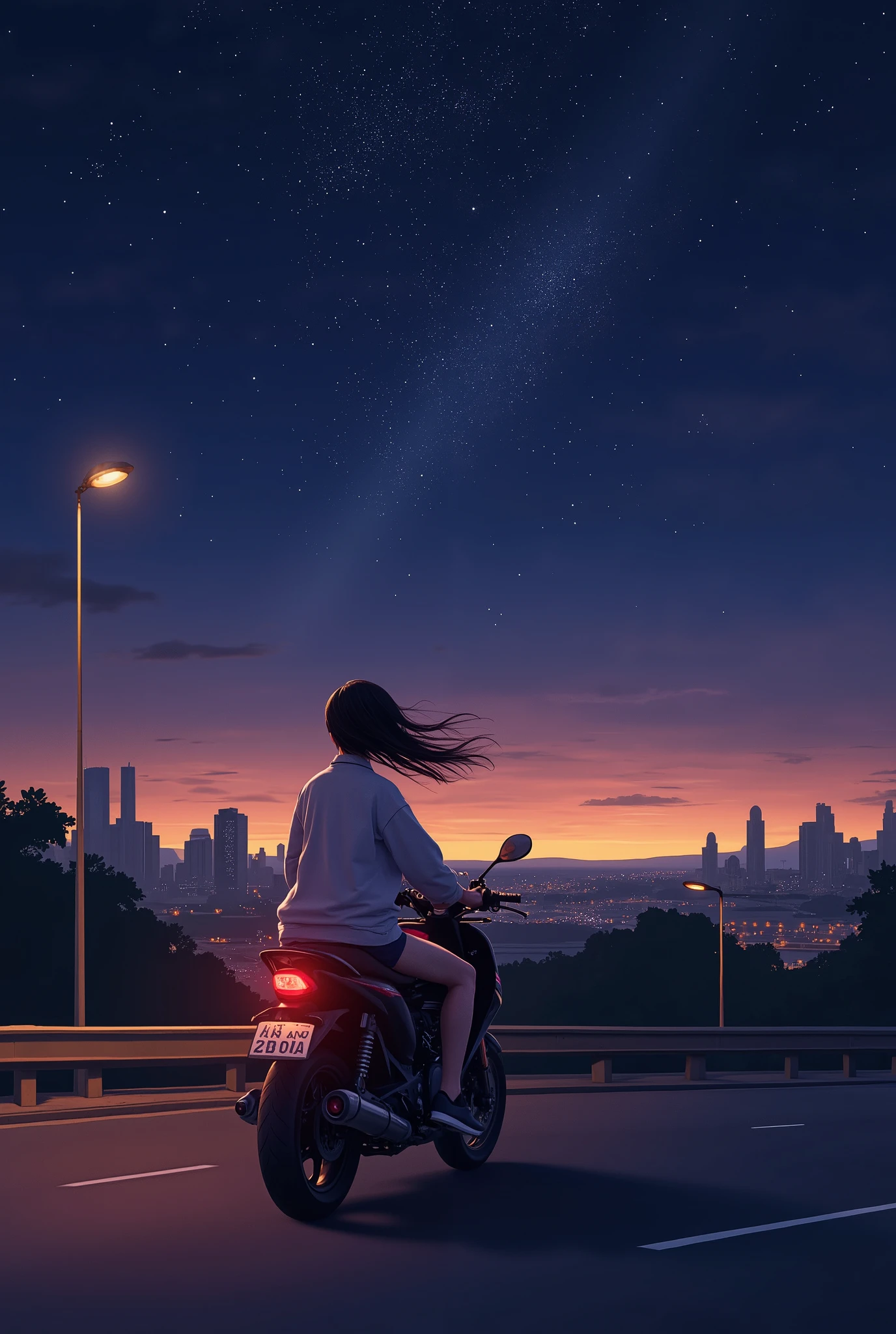 Cute girl riding a motorcycle on an overpass at night、 Beautiful Starry Sky、Beautiful night view、