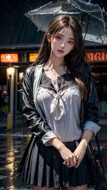 ((Masterpiece,Highest quality;1.3,best illustrations)),cowboy shoot,1 woman、25 year old beauty、alone,,dark brown hair,long hair,smooth,brown eyes,beautiful eyes,Blush,medium-large breasts,((The body is very long.:1.3)),,Glowing skin,Oily skinเงา,Oily skin,(Soaked in the rain、Black outer zip-up hooded jacket.、Tight white t-shirt、Micro denim shorts)、Carrying a black backpack、heavy rain、rain、on the road,Tokyo,no,