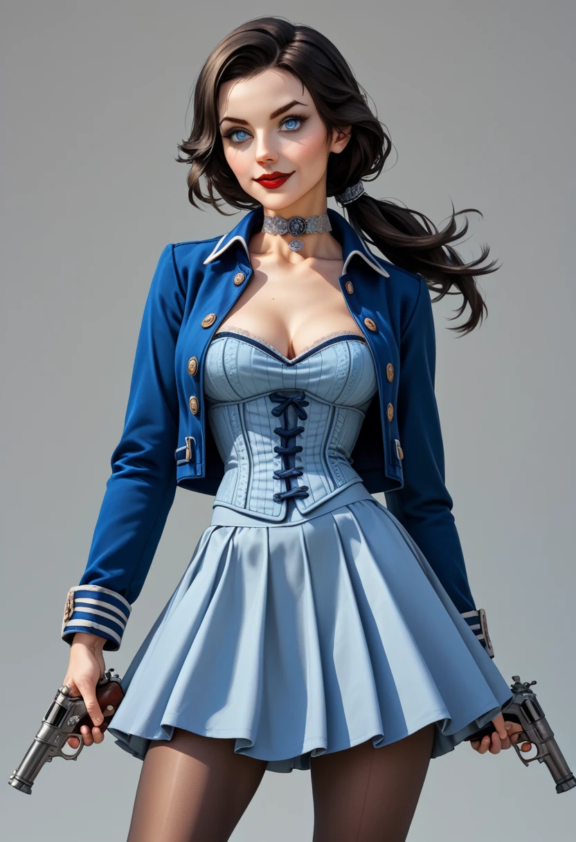 1woman, solo; Elizabeth Comstock from "Bioshock Infinite"; long loose hair gathered in a low ponytail, dark hair, pale skin, blue eyes, red lips, light smile, ultra-detailed face, detailed eyes; ribbed white corset with open top, (fitted blue bolero jacket:1.27), silver detailing on jacket, (cameo choker necklace), (long blue a-line skirt with high slits:1.27), black detailing on skirt, (opaque pantyhose), {{calf-high black boots with low heels}}; wielding hand cannon revolver, contrapposto stance, ((modeling poses)), (cowboy shot:1.27); 8k, 16k, high resolution, highres