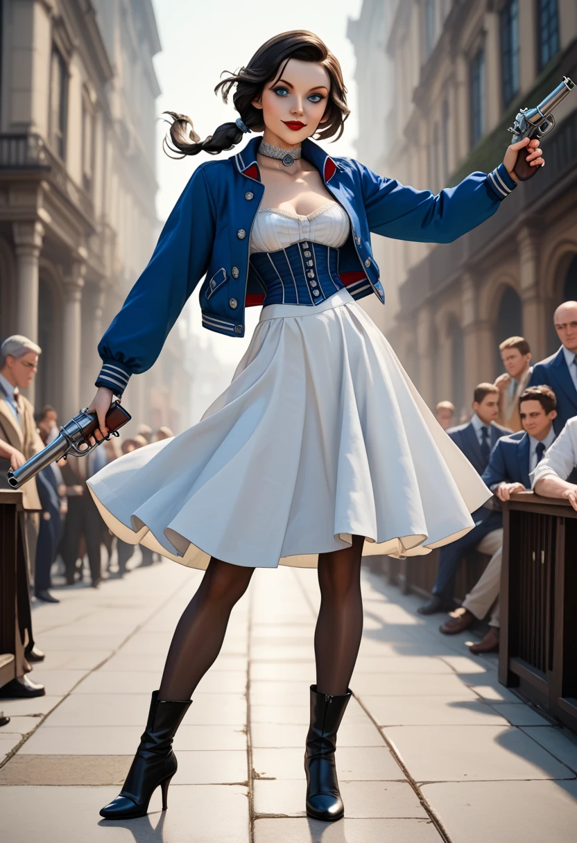 1woman, solo; Elizabeth Comstock from "Bioshock Infinite"; long loose hair gathered in a low ponytail, dark hair, pale skin, blue eyes, red lips, light smile, ultra-detailed face, detailed eyes; ribbed white corset with open top, (fitted blue bolero jacket:1.27), silver detailing on jacket, (cameo choker necklace), (long blue a-line skirt with high slits:1.27), black detailing on skirt, (opaque pantyhose), {{calf-high black boots with low heels}}; wielding hand cannon revolver, contrapposto stance, ((modeling poses)), (cowboy shot:1.27); 8k, 16k, high resolution, highres