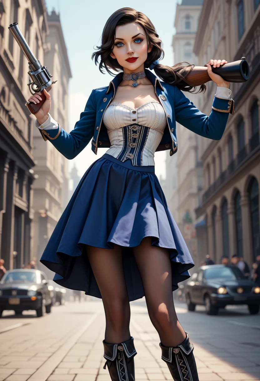 1woman, solo; Elizabeth Comstock from "Bioshock Infinite"; long loose hair gathered in a low ponytail, dark hair, pale skin, blue eyes, red lips, light smile, ultra-detailed face, detailed eyes; ribbed white corset with open top, (fitted blue bolero jacket:1.27), silver detailing on jacket, (cameo choker necklace), (long blue a-line skirt with high slits:1.27), black detailing on skirt, (opaque pantyhose), {{calf-high black boots with low heels}}; wielding hand cannon revolver, contrapposto stance, ((modeling poses)), (cowboy shot:1.27); 8k, 16k, high resolution, highres