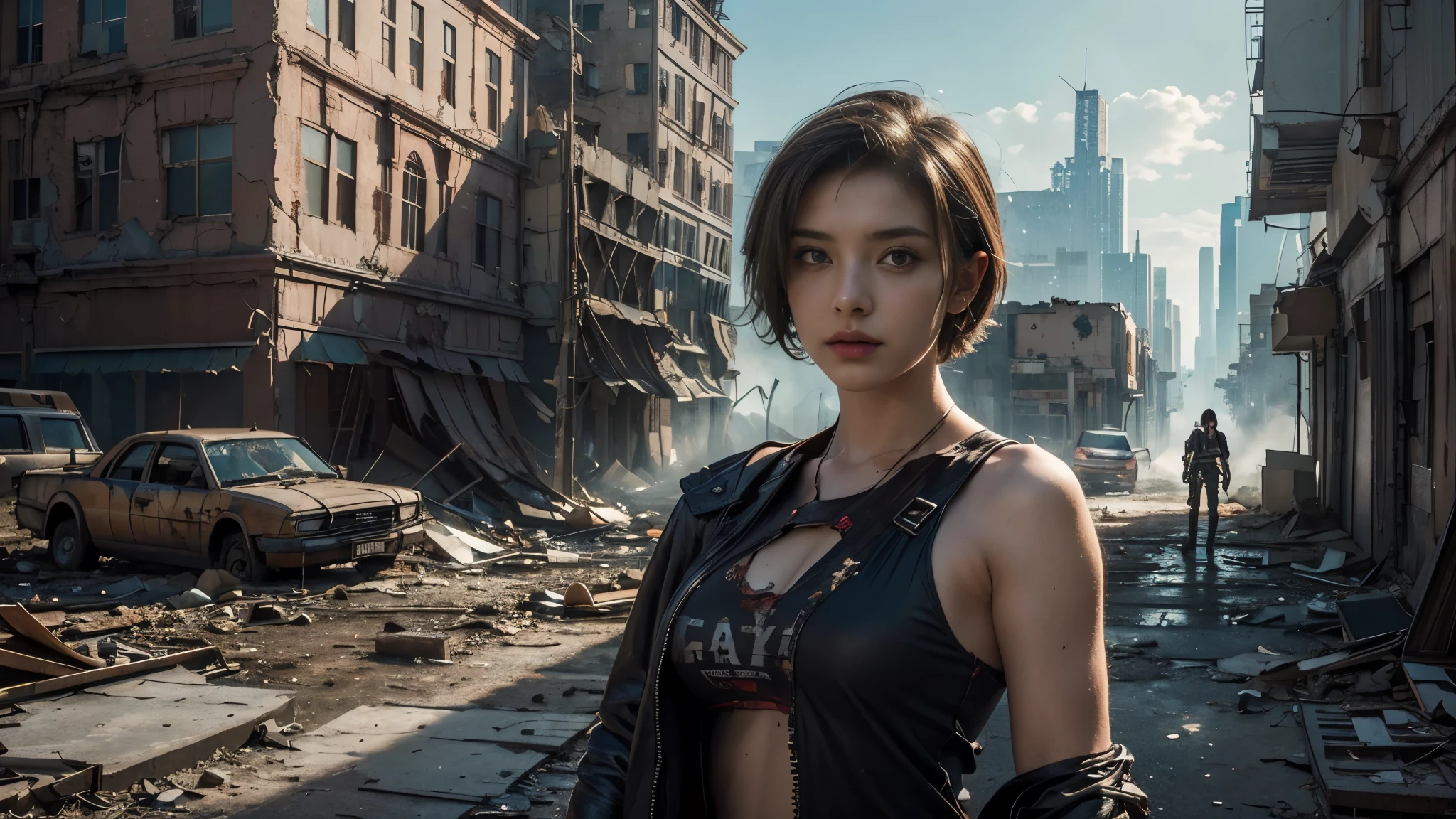 masterpiece, high resolution,8K,(Portrait Photos:1.5),(R Original Photo),Reality,Digital Photography,(Apocalyptic ruins ),City ruins，beautiful 20 year old woman，Short hair，sentry， post-apocalyptic scene， upper body photography ， open clothes 