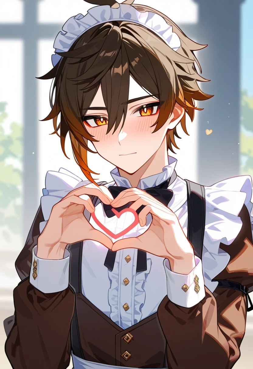 masterpiece, best quality, extremely detailed, 1boy, male focus, handsome man, solo, Zhongli(Genshin impact), kawaii, maid outfit, long sleeves, heart hands, blush, upper body