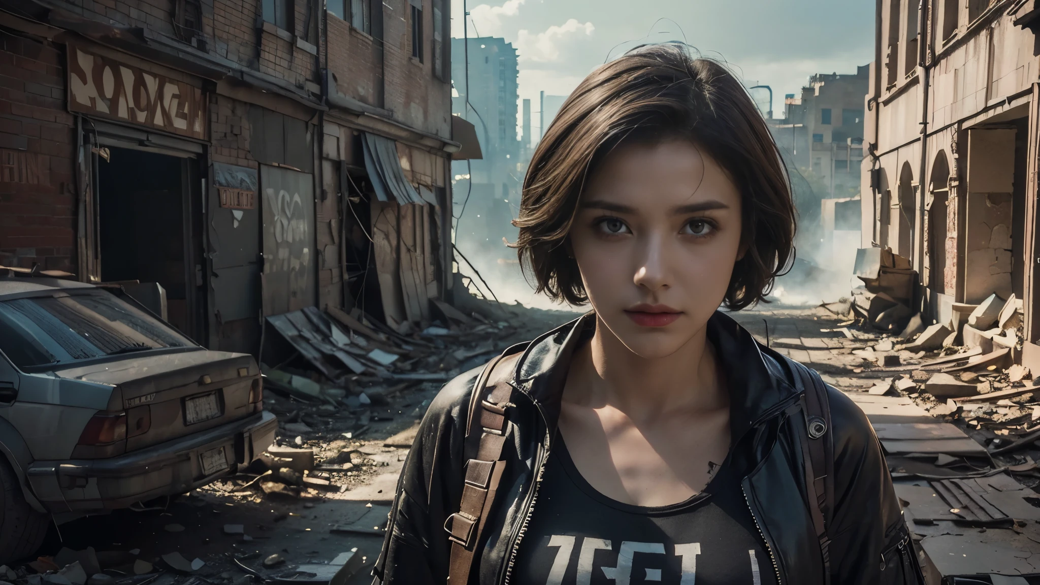 masterpiece, high resolution,8K,(Portrait Photos:1.5),(R Original Photo),Reality,Digital Photography,(Apocalyptic ruins ),City ruins，beautiful 20 year old woman，Short hair，sentry， post-apocalyptic scene， upper body photography ， open clothes 