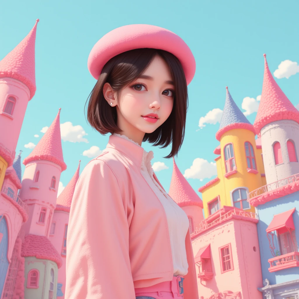 A whimsical illustration of an East-Asian woman in the foreground, shown in a half-body view, wearing a pop and cute fashion style, including a beret. The background features a vibrant, pastel-colored cityscape with charming, colorful buildings in an artistic and dreamy style. The overall atmosphere is light, airy, and enchanting, combining the playful and stylish look of the woman with the lively setting behind her.