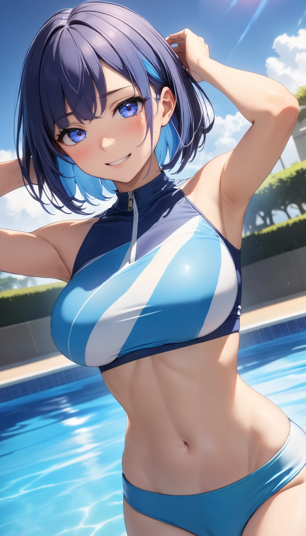  1 Woman ,  beautiful skin ,  fine skin, Vibrant Hair,  glowing eyes, JK, (Blue Hair,  short bob hair),  Thin Waist ,  slender body, Big Breasts:1.2,  Cowboy Shots, bikini, カラフルbikini, Shiny thighs, (Rash guard:1.4),  spread your hands behind your head :1.4,  Dutch Angle , blush,  shy laugh ,  pool side,  High Quality ,  high definition , masterpiece:1.2