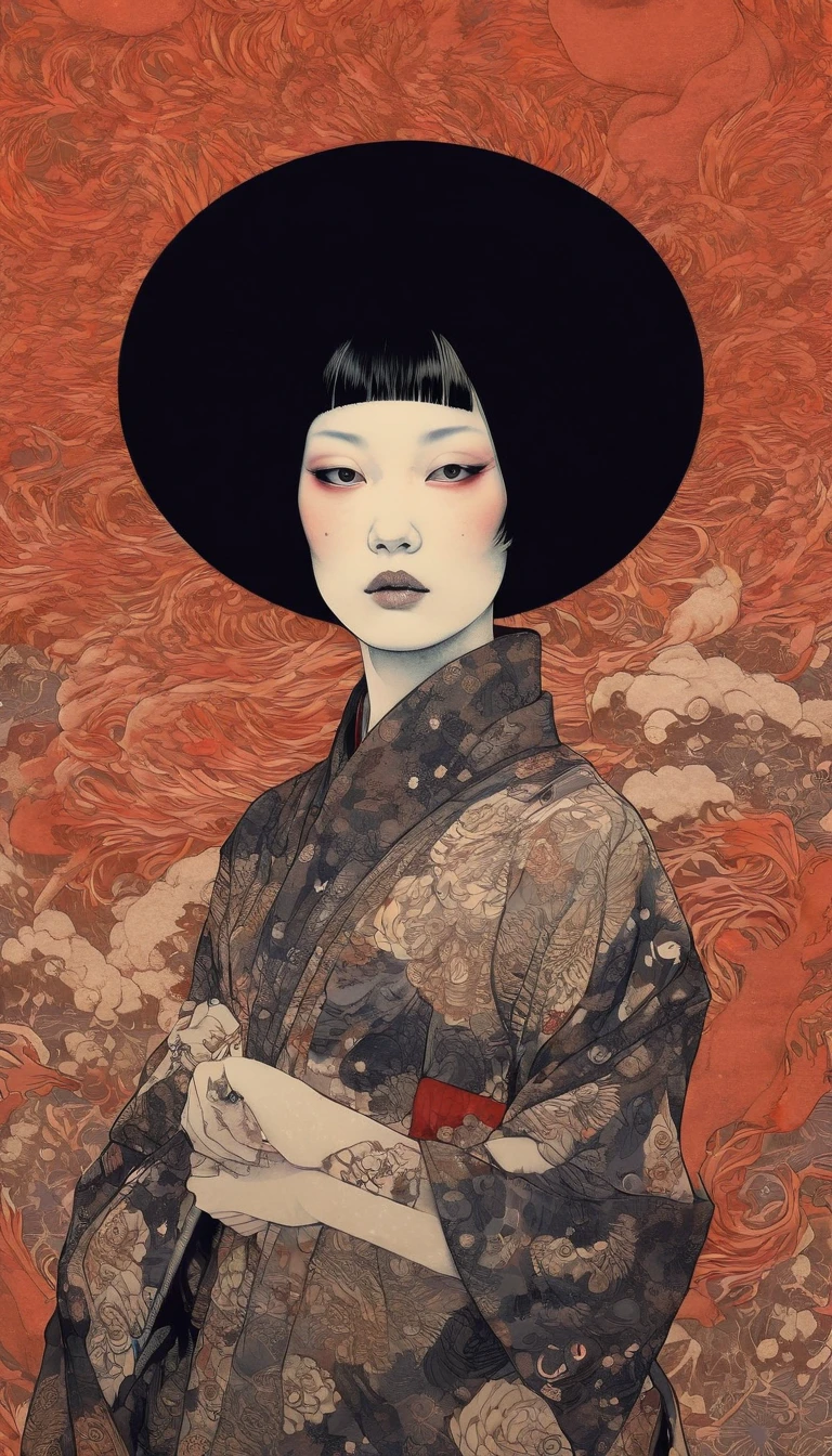 by Tsutomu Nihei ,( strange but extremely beautiful:1.4),( masterpiece,  best quality :1.4),dans le style de nicola samori,Mante, Art Ukiyo-e,Page de style d&#39;Erik Madigan Heck,portrait,illustration,dessin,contour,bold contour,Symmetry ,conception de tatouage ,page de style Alex Gross