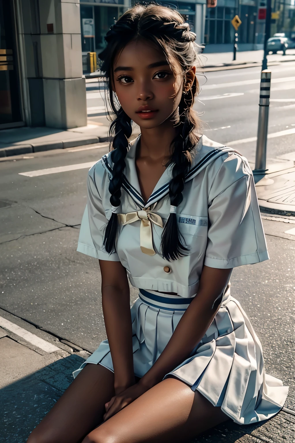 1 girl, high definition , High Quality , Masterpiece , white sailor suit, red ribbon, braided ,Super beautiful girl,dark skin, enchanting face 、 Highly Detailed Faces、 perfect face、golden balance,Professional photography,In the city, mini pleated skirt to hide crotch, is sitting on the ground