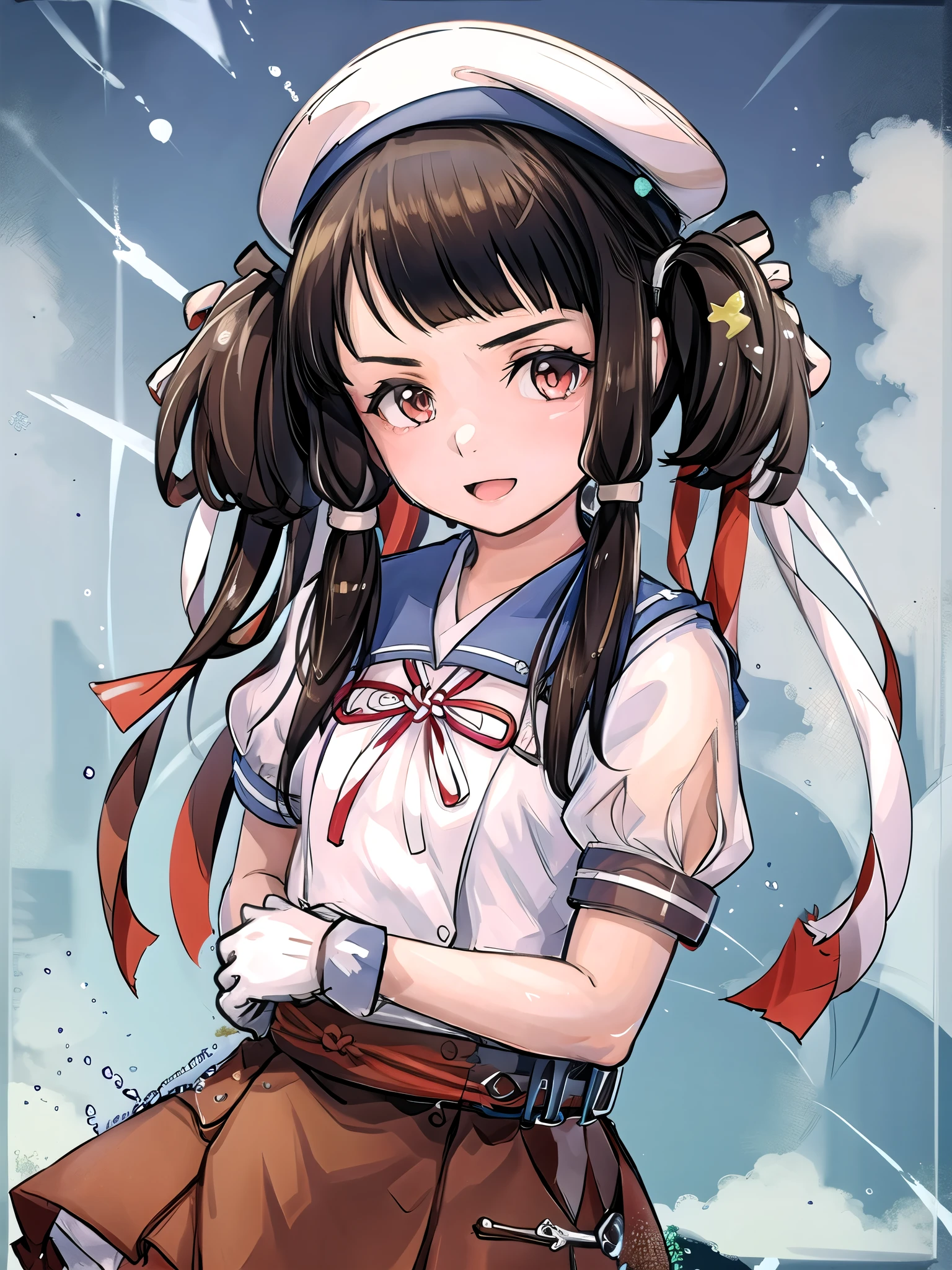Anime girl with a sailor hat and a brown skirt - SeaArt AI