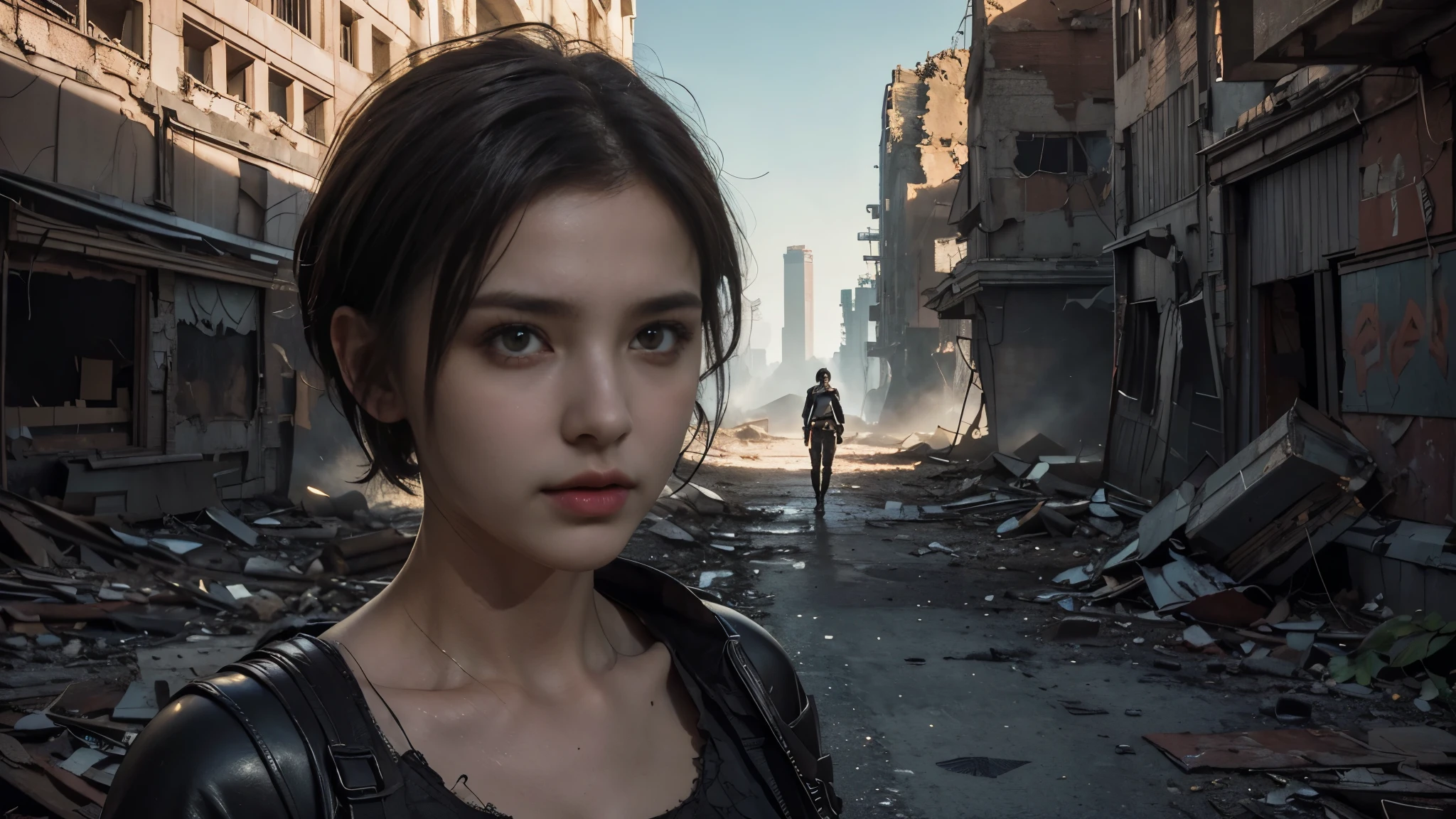 masterpiece, high resolution,8K,(Portrait Photos:1.5),(R Original Photo),Reality,Digital Photography,(Apocalyptic ruins ),City ruins，beautiful 20 year old woman，Short hair，sentry， post-apocalyptic scene， upper body photography ， open clothes 