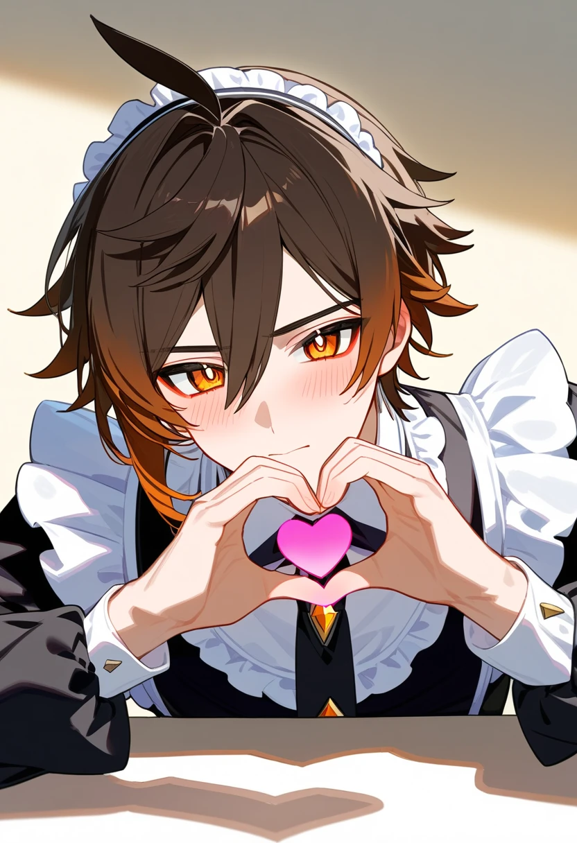 masterpiece, best quality, extremely detailed, 1boy, male focus, handsome man, solo, Zhongli(Genshin impact), kawaii, maid outfit, long sleeves, heart hands, blush, upper body