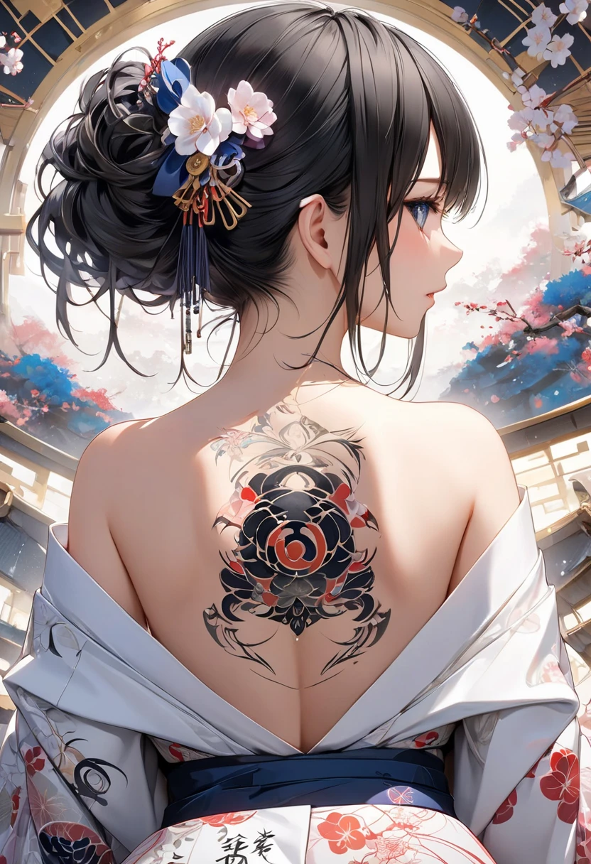 (masterpiece, top quality, best quality, official art, beautiful and aesthetic:1.2),1girl, tattoo, solo, japanese clothes, hair ornament, unsheathing, black hair, sheath, back tattoo, blue eyes, off shoulder, bare shoulders, looking back, from behind, flower, looking at viewer, holding, makeup,
indoor,