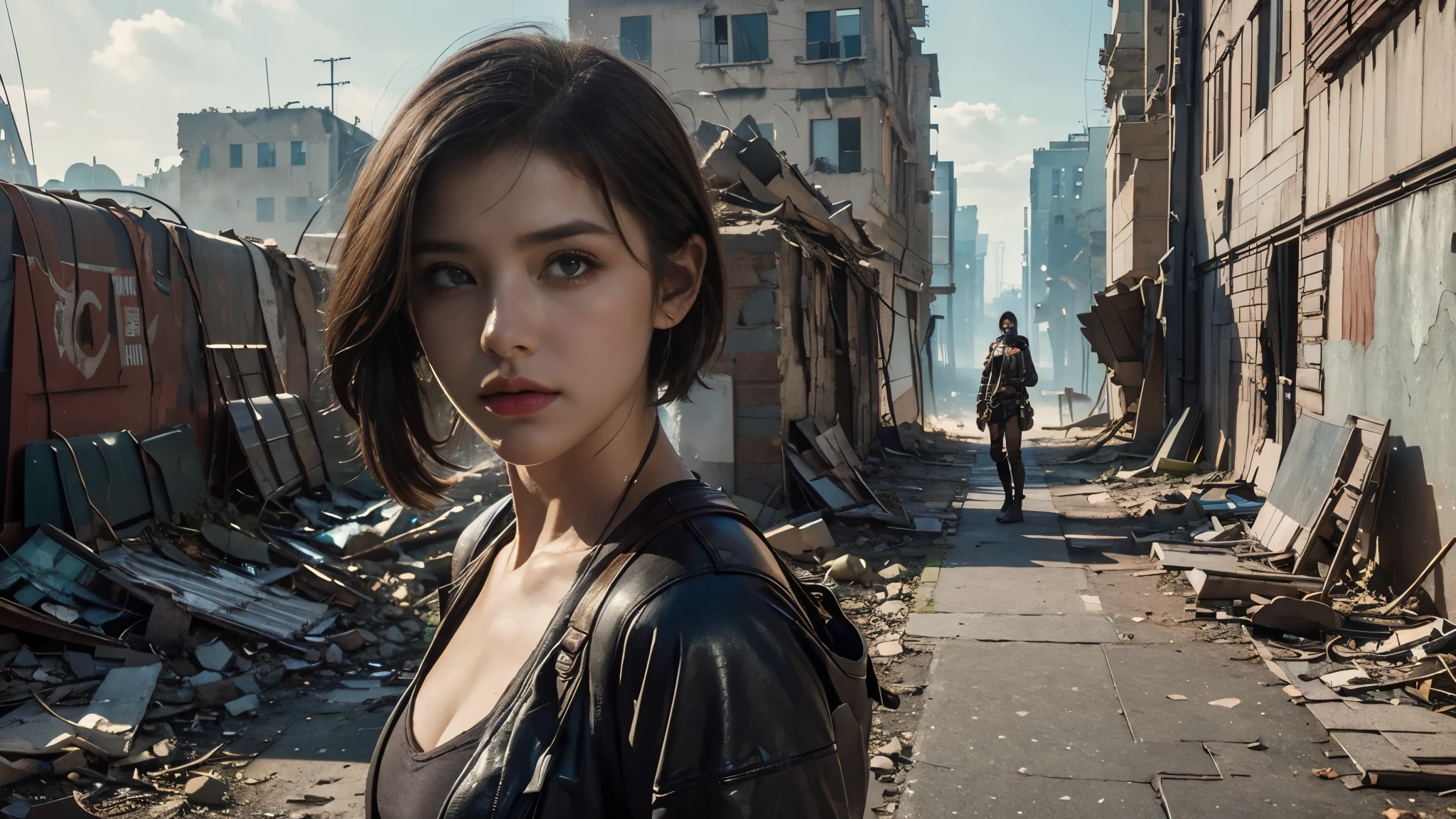 masterpiece, high resolution,8K,(Portrait Photos:1.5),(R Original Photo),Reality,Digital Photography,(Apocalyptic ruins ),City ruins，beautiful 20 year old woman，Short hair，sentry， post-apocalyptic scene， upper body photography ， open clothes 