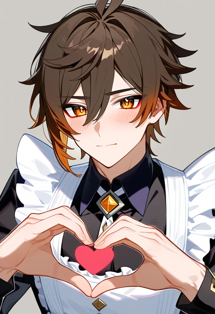 masterpiece, best quality, extremely detailed, 1boy, male focus, handsome man, solo, Zhongli(Genshin impact), kawaii, maid outfit, long sleeves, heart hands, blush, upper body